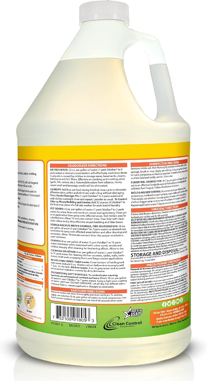 OdoBan Ready-to-Use Disinfectant and Odor Eliminator, Made in the USA, Citrus Scent, Set of 3, 2 Spray Bottles, 32 Ounces Each and 1 Gallon Concentrate