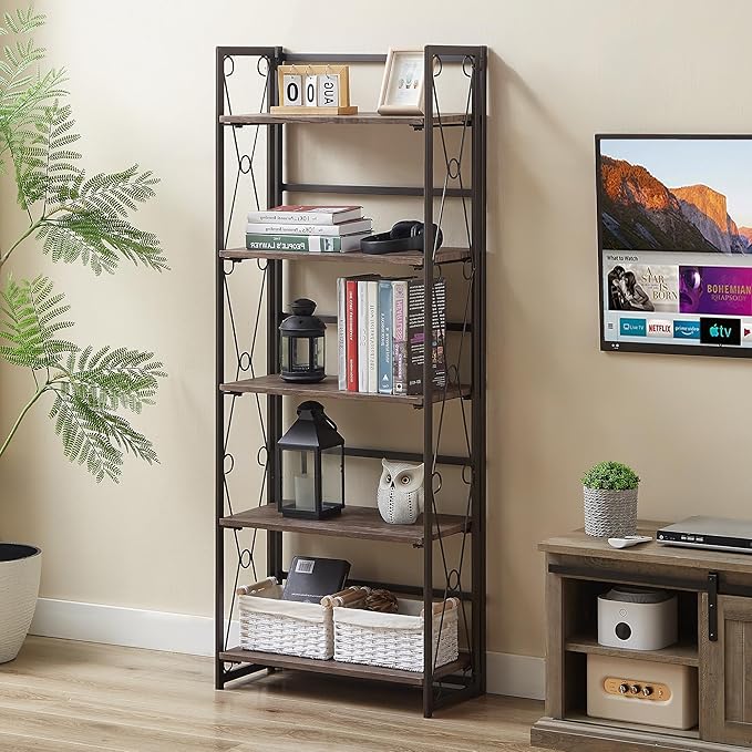 VECELO 2 Set Folding Bookshelf 5-Tier,Industrial Metal Frame & Wood Shelves,Foldable Bookcase No Assembly Free Standing Storage Organizer for Living Room,Office,Bedroom