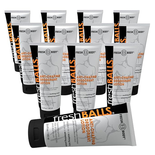 Fresh BALLS Lotion - Men's Anti-Chafing Soothing Cream to Powder - Ball Deodorant and Hygiene for Groin Area, 3.4 fl oz (Pack of 12)