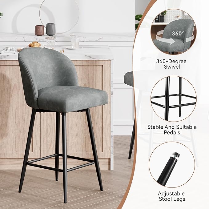 Counter Height Bar Stools Set of 2,360° Swivel Barstools with High Back and Metal Legs,26" Seat Height, Upholstered PU Leather Bar Chairs for Kitchen Island, Dining Room,Cafes,Grey