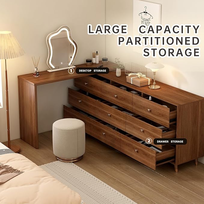 Makeup Vanity Desk with Cloud HD Lighted Mirror, 70-110in Extendable Modern Vanity Table, 6-Drawer Solid Wood Frame Storage Cabinet, Dressing Table for Bedroom, Brown