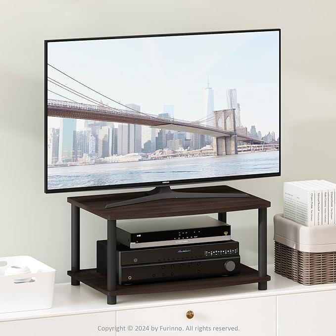 Furinno TURN-N-TUBE TV Riser Stand, 2-Tier Small Elevated No Tools TV Stand, TV Console for TV up to 32 inch, 15.8 x 23.8 x 11, for Living Room, Bedroom, Dark Brown