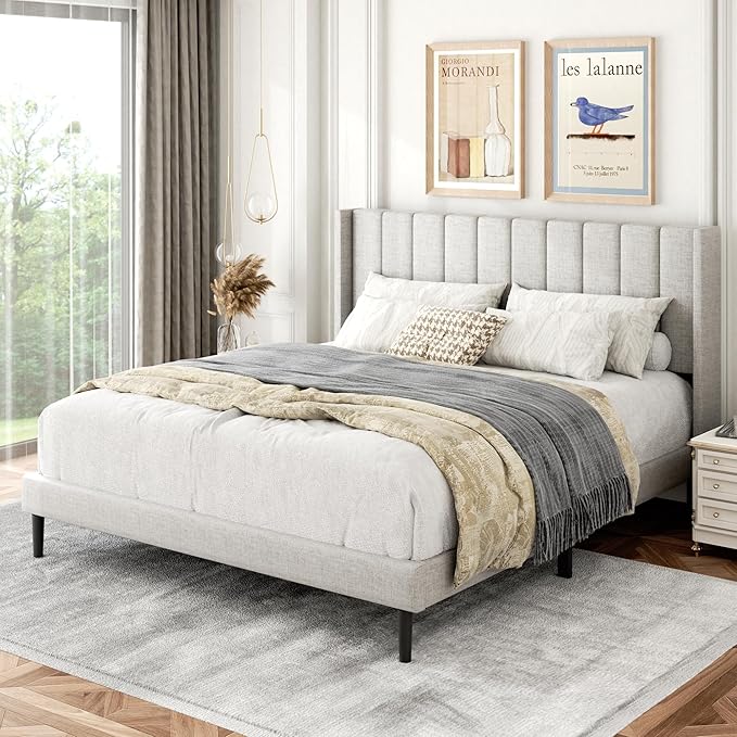 Queen Size Bed Frame with Upholstered Wingback Headboard, Easy Assemnly Platform Bed, Wooden Slat Support No Box Spring Needed, Sand