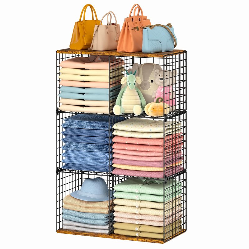 Free-standing Sturdy Tall 6-Cube Closet Organizer Storage Wire Basket Shelf with Wood Top for Wardrobe Bedroom Closet, Stackable Space-saving Clothing Shelves for Clothes, Sweaters, Pants, Handbags