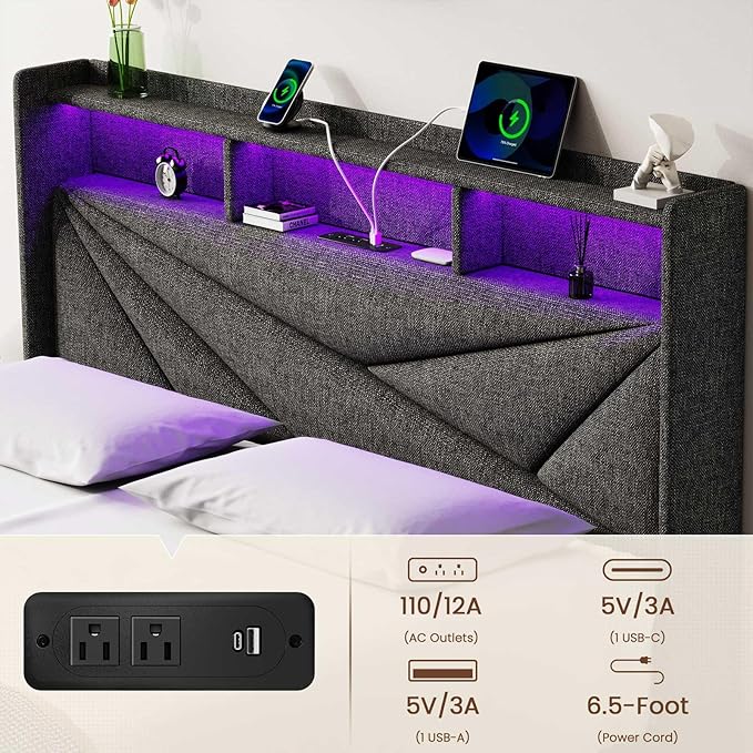 LED King Size Bed Frame with 2 Storage Drawers, Upholstered King Bed Frame with Headboard and Charging Station, No Box Spring Needed, Easy to Assembly-Dark Grey