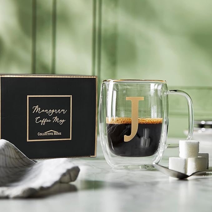 COLLECTIVE HOME - Double Walled Glass Coffee Mugs, Insulated Coffee Mug with Handle, Personalized Gifts for Women, Men, Christmas, 14 oz Monogram Cups (J)