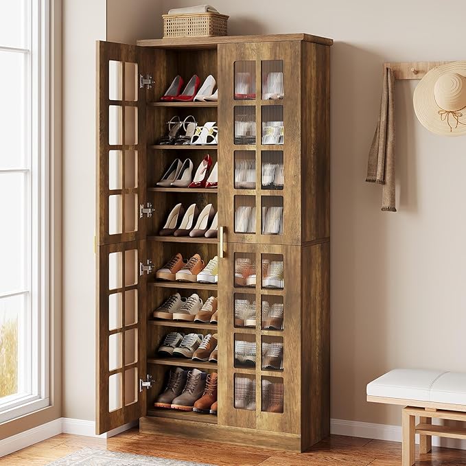Tribesigns Tall Shoe Cabinet with Doors, 8-Tier Shoe Storage with Adjustable Shelves, Modern Shoe Organizer Shoe Rack Cabinet for Entryway, Hallway, Closet, Living Room, Rustic Brown