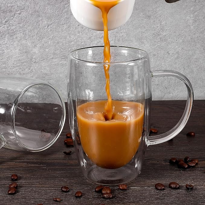 Clear Glass Double Wall Insulated Round Coffee Mugs Set of 6 Pieces - Large Size 16oz Best Reusable Coffee Mug for Home Cafe Restaurant Perfect for Espresso Capucinno Lungo Latte Coffee
