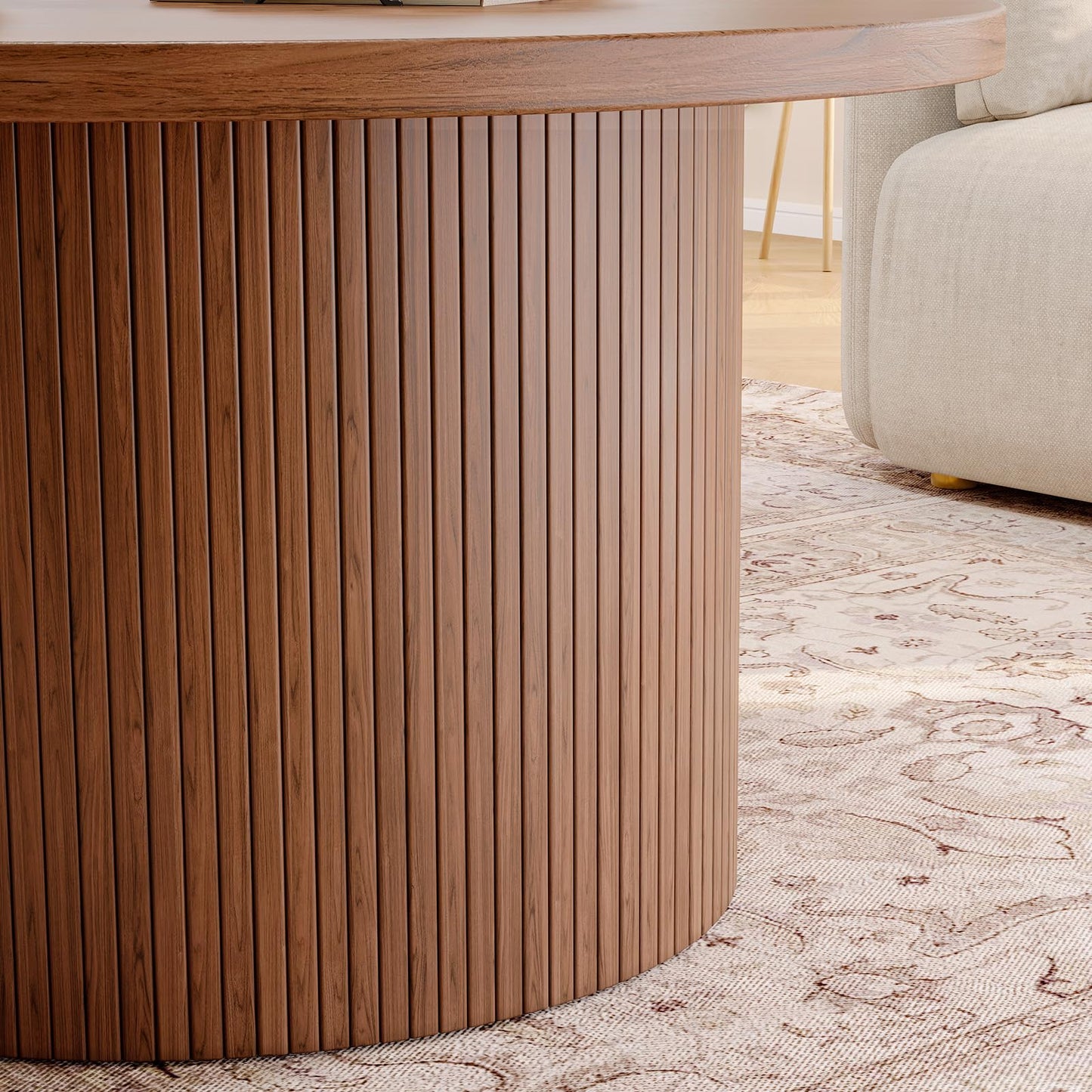 ONBRILL 31.5" Round Coffee Table, Tambour Design Coffee Tables for Living Room, Mid Century Modern Wood Coffee Table, Drum Accent Small Center Table, Walnut