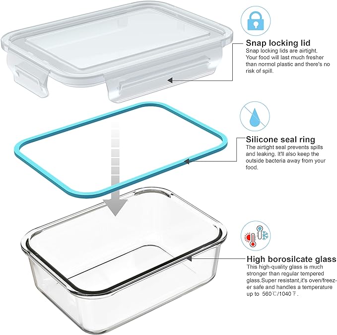 AILTEC Glass Food Storage Containers with Lids, [18 Piece] Glass Meal Prep Containers, Containers for Food Storage with Lids, BPA Free & Leak Proof (9 Lid & 9 Container)