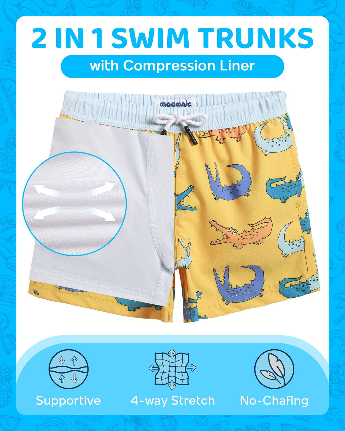 maamgic Boys Swim Trunks with Compression Liner Toddler Boy Swimsuit Quick Dry 4-Way Stretch Swimming Trunks Crocodile Orange 8 Years