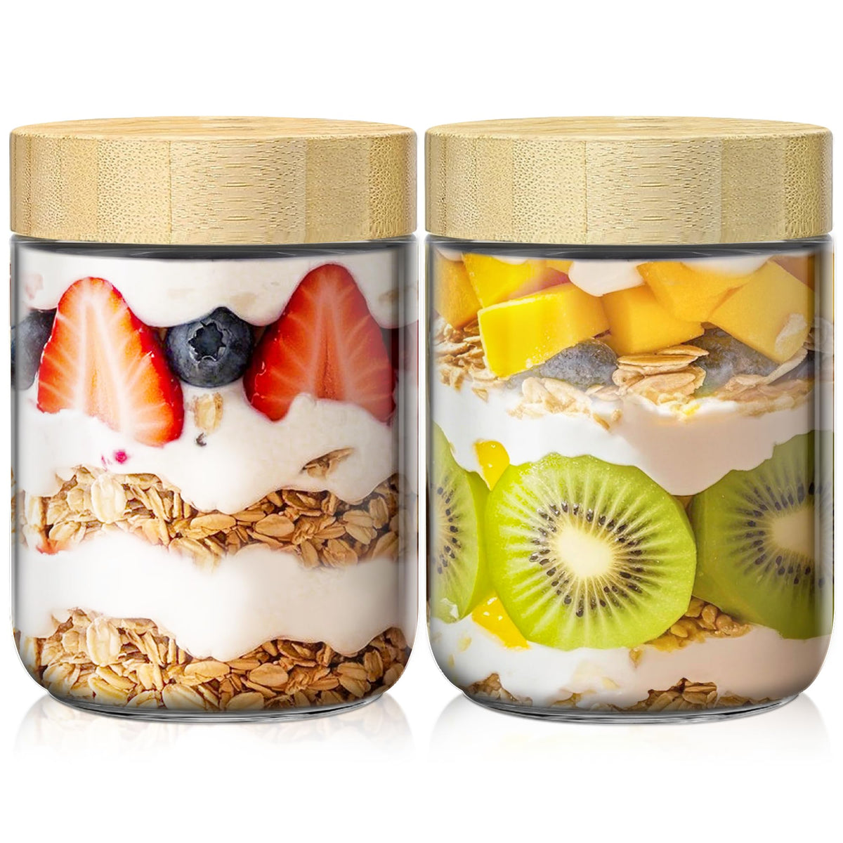 10 oz Overnight Oats Containers with Bamboo Lids, Glass Mason Jars 6 Pack
