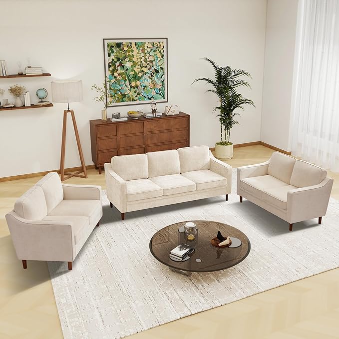 Kingfun Living Room Furniture Sets, Armchair and 2 Loveseat, Mid Century Modern Sofa Set, Chenille Couch with Solid Wood Frame for Living Room & Bedroom, Beige