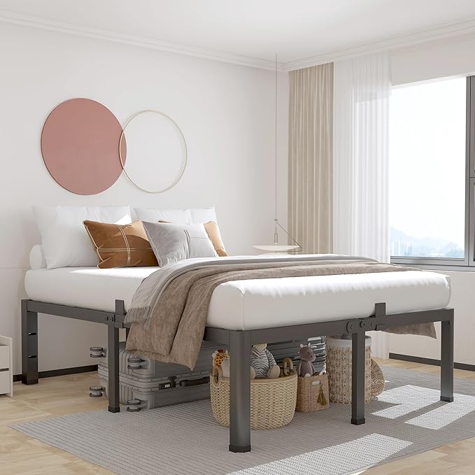 ROIL 12 inch King Size Bed Frame Metal Platform No Box Spring Needed with Headboard Hole Round Corner Legs Mattress Stoppers Retainers 3500LBS Heavy Duty Steel Slats Noise-Free
