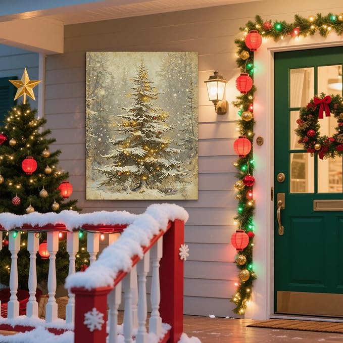 Framed Christmas Pictures Wall Decor,Vintage Pine Tree Prints,Winter Christmas Canvas Wall Art Decoration for Bedroom Bathroom Living Room Rustic Xmas Holiday Gifts (Christmas Tree 2, 11'' X 14'')