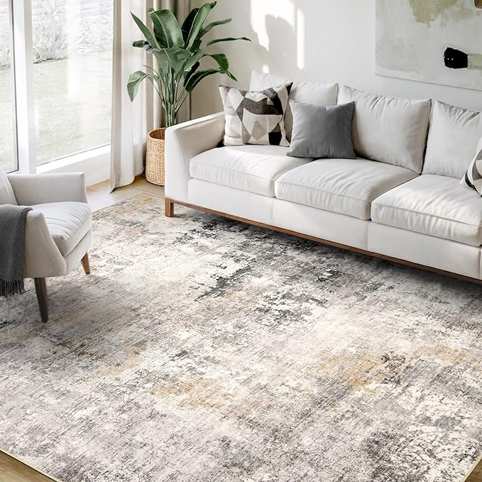 Area Rug Living Room Rugs - 5x7 Modern Abstract Soft Indoor Neutral Washable Rug Stain Resistant Non-Slip Low Pile Carpet for Bedroom Dining Room Home Office - Charcoal Grey