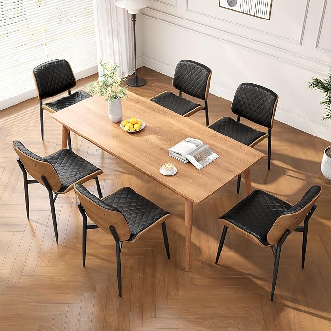 Dining Chairs Set of 6, Mid-Century Modern Upholstered PU Leather Chairs with Walnut Back and Metal Legs Adjustable Feet for Kitchen Dining Room, Black Diamond Plaid