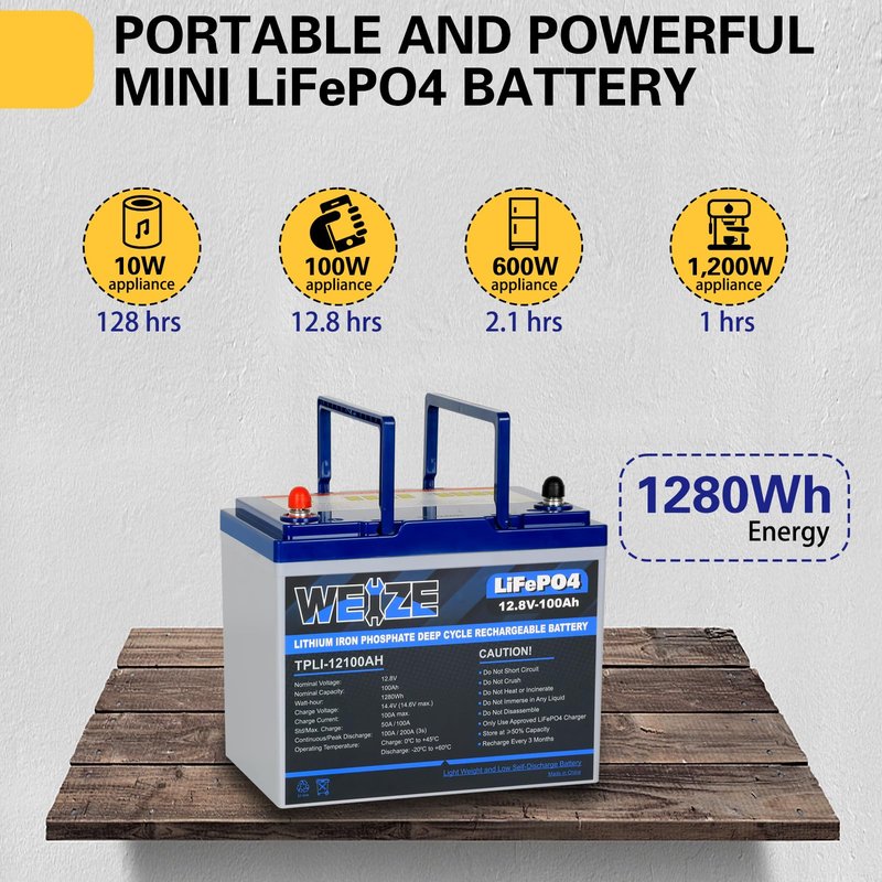 WEIZE 12V 100Ah Mini LiFePO4 Lithium Battery, Built-in 100A Smart BMS, Deep Cycle Low Temperature Protection Battery Perfect for RV, Solar, Marine, Trolling Motor, and Off Grid Applications