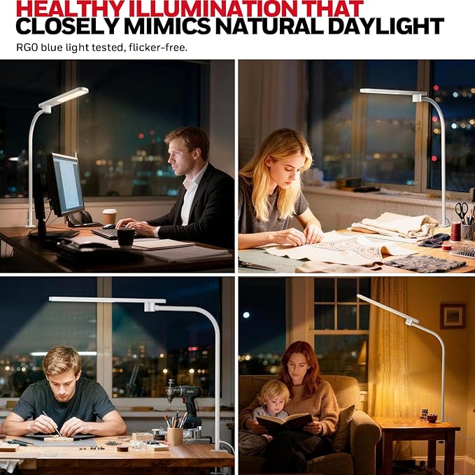 Honeywell HJ2 Gooseneck LED Desk Lamp with Clamp,3-Color Stepless Dimming.Flexible Metal Lamp Arm,CRI ≥ 97.Adjustable Small Desk Lamp for Home Office,Studying, Reading, Artists & Crafters（White）
