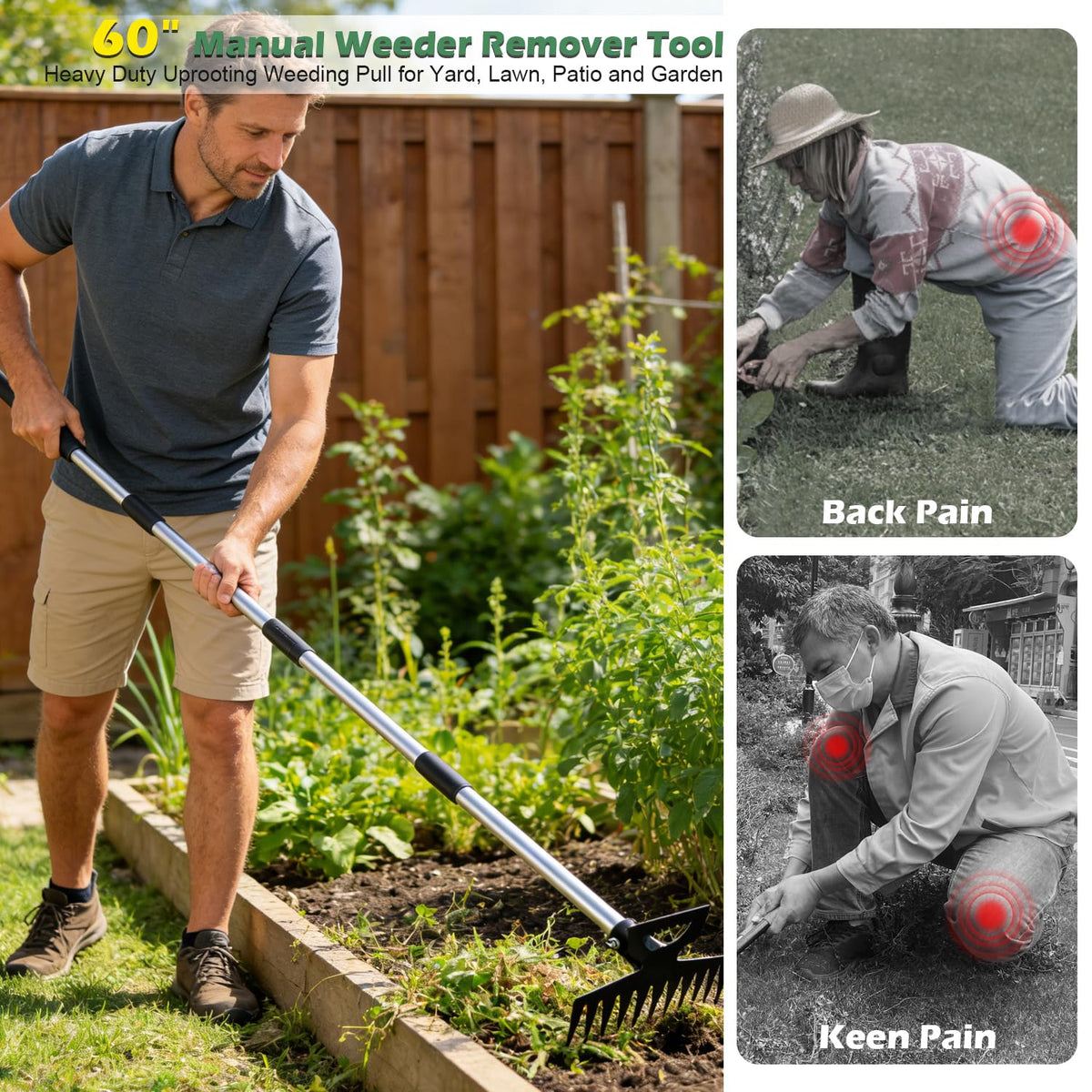 Weed Puller Tool with Long Handle, 60" Manual Weeder Remover Tool, 2 in 1 Hand Weed Rake and Garden Hoe for Gardening, Uprooting Weeding Tool for Yard, Lawn, Patio, Garden