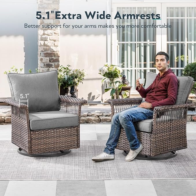 5 Pieces Wicker Patio Furniture Set - Hollow Widen Armrests Outdoor Swivel Glider Chairs and 3 Seat Sofa with Coffee Table & Side Table for Balcony Porch Deck and Yard - Brown/Gray