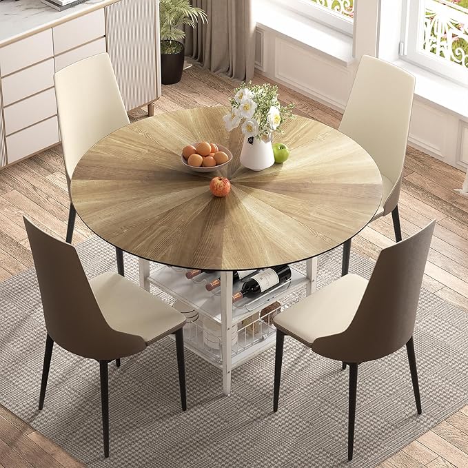 VFK 47 Inch Round Dining Table Set, Modern Wood Dining Table with Double Storage Rack, 2 Person Dining Table and Chair Set for Kitchen, Dining Room, Living Room