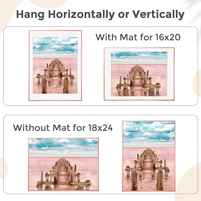 18x24 Metal Picture Frame For Wall With Mat For 16x20, 18''x24'' Aluminum Photo Frames With Tempered Glass, Minimalist Modern Poster Frame Horizontal And Vertical Formats, Rose Gold