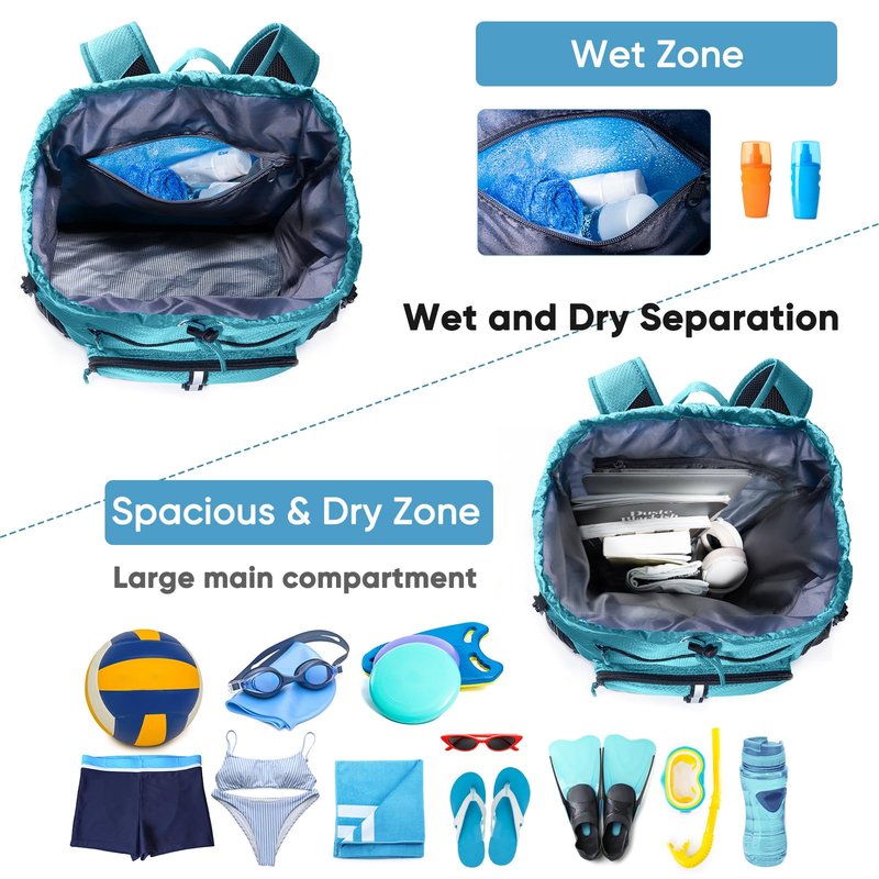 VIGEGARI Large Beach Backpack Waterproof Sandproof - Customized Oversized Drawstring Pool Bag with Shoe Compartment for Toiletries, Towels, Gym, Travel