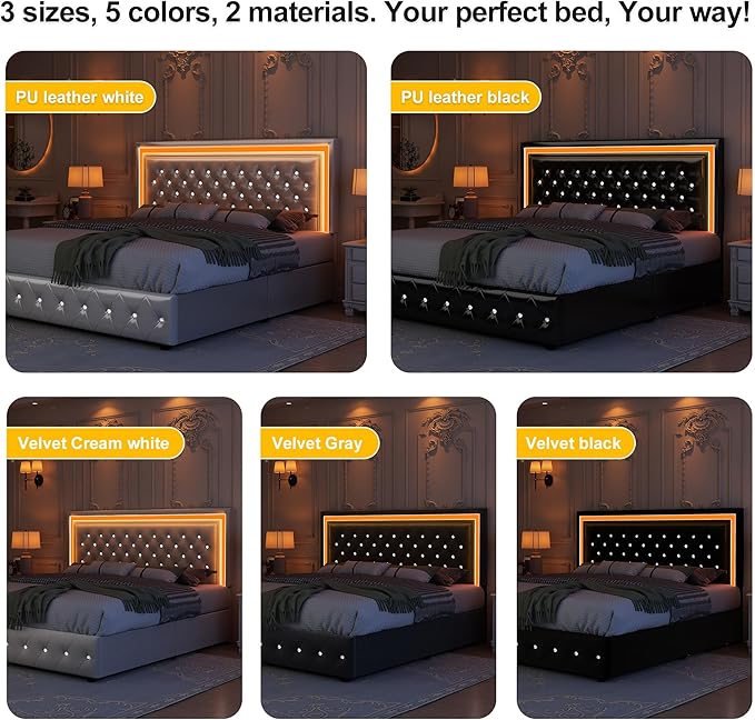 Queen Led Bed Frame with 4 Storage Drawers, Bed Frame with Led Lights No Box Spring Needed, 900 lbs Capacity, Easy Assembly, PU White