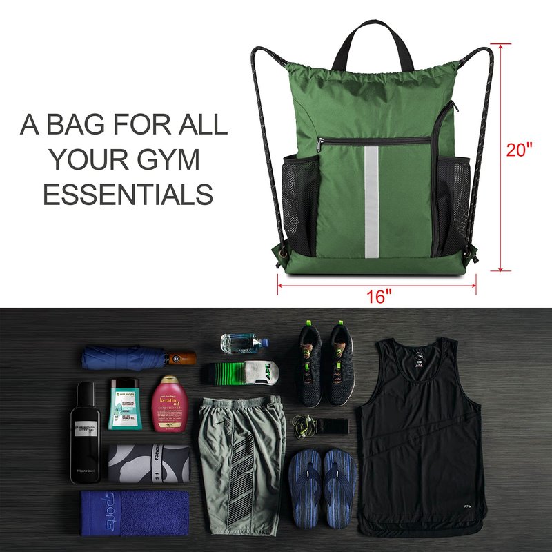 BeeGreen Green Drawstring Bag Gym Cinch Backpack w Shoe Compartment and Two Side Pockets Machine Washable Sports Sinch Sack String Sackpack for Swim Equipment Beach Travel
