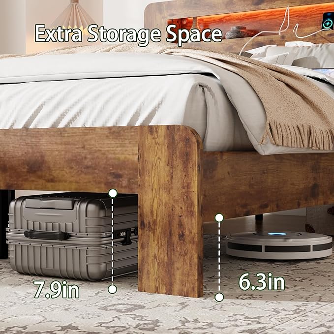 Wood King Size Bed Frame with Headboard, Farmhouse Platform Bed Frame with Bookcase Shelf,LED Lights,Charging Station,Heavy Duty Supports,No Box Spring Needed,Dark Brown