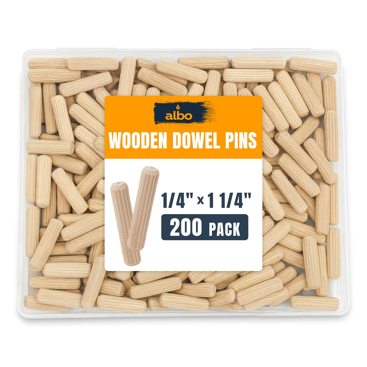 ALBO Wooden Dowel Pins 1/4 x 1-1/4 inch Fluted Wood Dowels Rods 200 Pack Hardwood Crafts Dowel Pegs