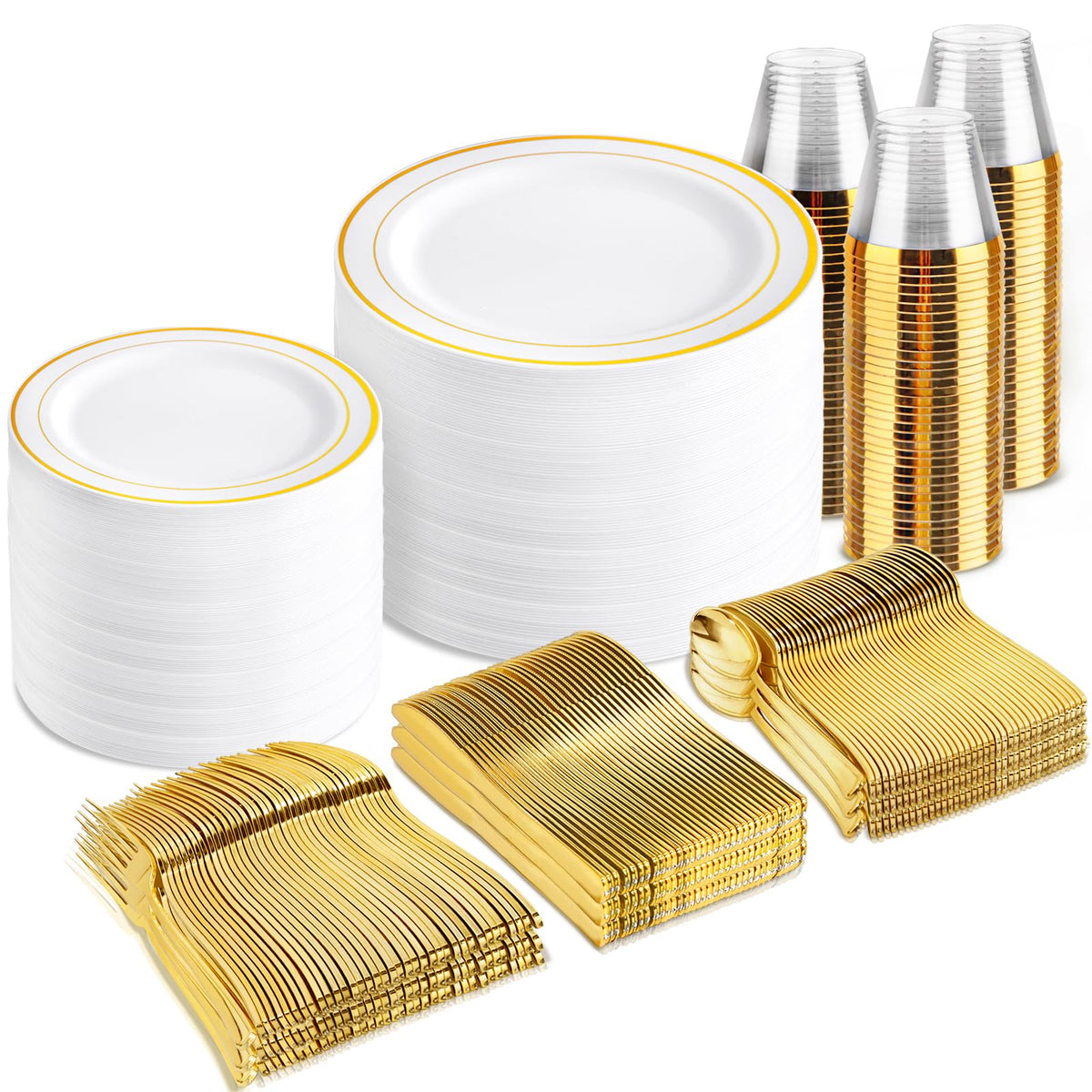 bUCLA 600PCS Clear Rose Gold Plastic Dinnerware Set Disposable - Include 100 Dinner Plates, 100 Dessert Plates, 100 Knives, 100 Forks, 100 Spoons, 100 Cups for Party & Wedding