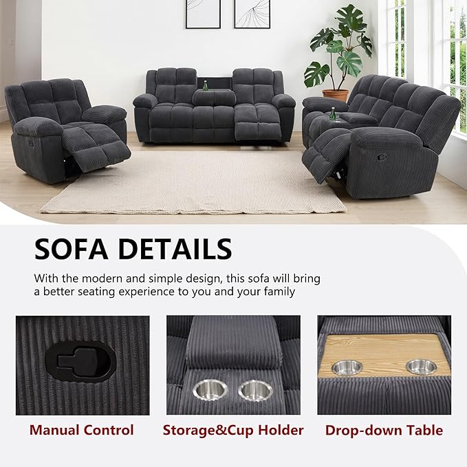 Manual Recliner Sofa Set,Fabric Reclining Couch Set,Modern Living Room Furniture Set,Reclining Sofa Couch Chair for Living Room Home Office (Dark Grey Upgraded Version, Sofa+Loveseat)