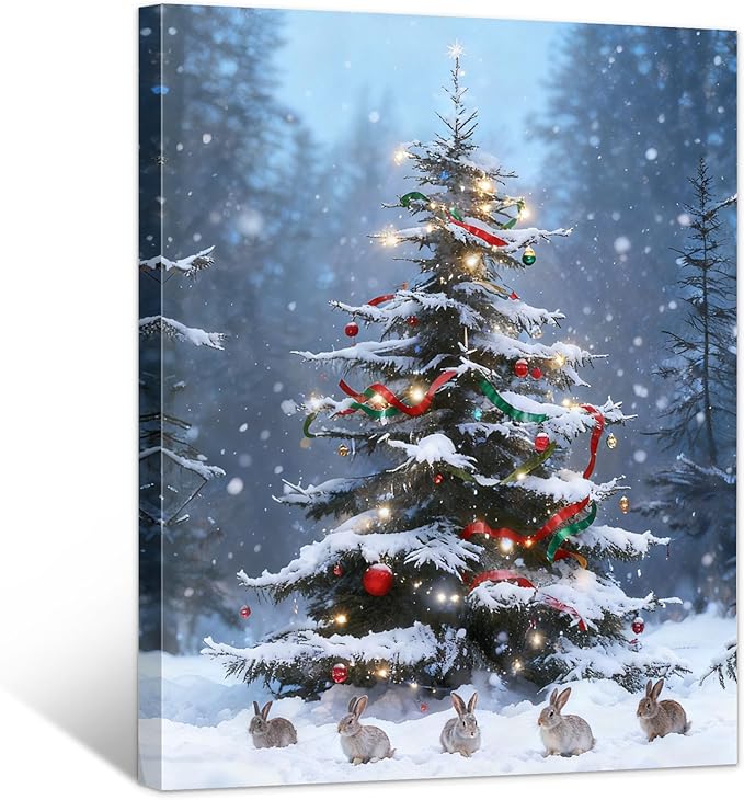 Framed Christmas Pictures Wall Decor,Vintage Pine Tree Prints,Winter Christmas Canvas Wall Art Decoration for Bedroom Bathroom Living Room Rustic Xmas Holiday Gifts (Christmas Tree 17, 12'' X 16'')