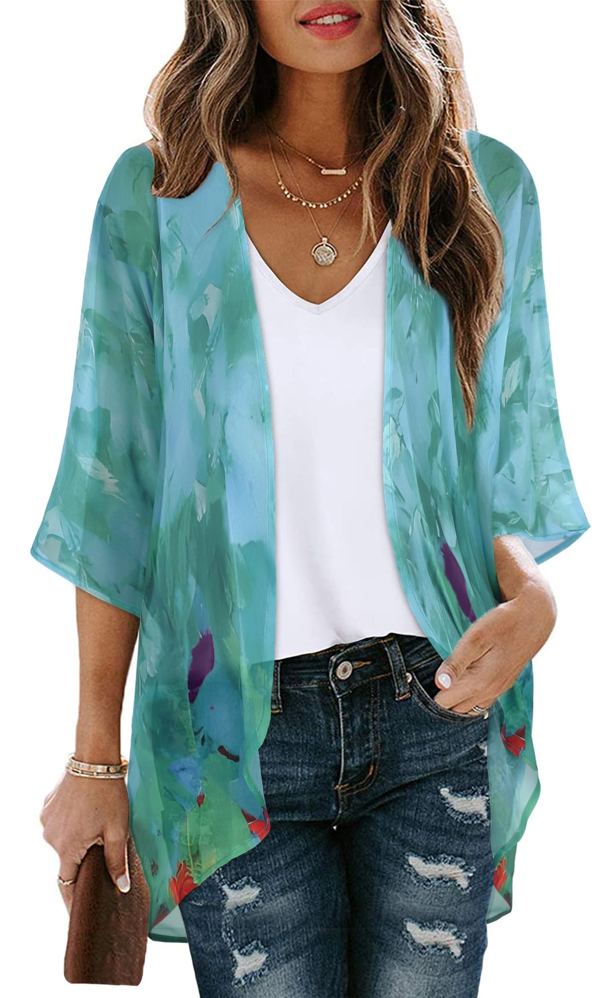 Womens Short Cardigans Casual Oversized Open Front Kimono Tops Bathings Suit Cover-ups (Teal Blue Print, XXL)