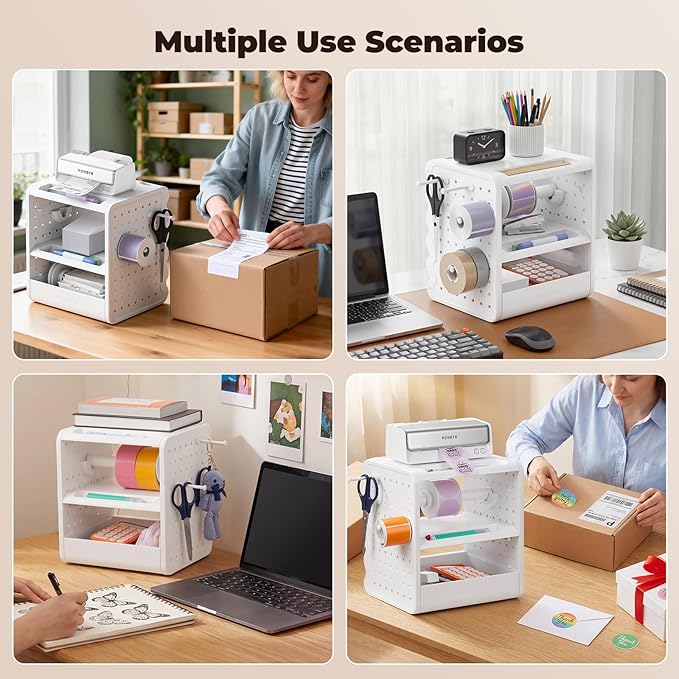 MUNBYN ILH03 4x6 Thermal Label Holder, 5-in-1 Sticker Holder with 3-Tier Shelf, Drawer, Hooks & Pegboard, for Shipping Label Printing, Office, Small Business, Home