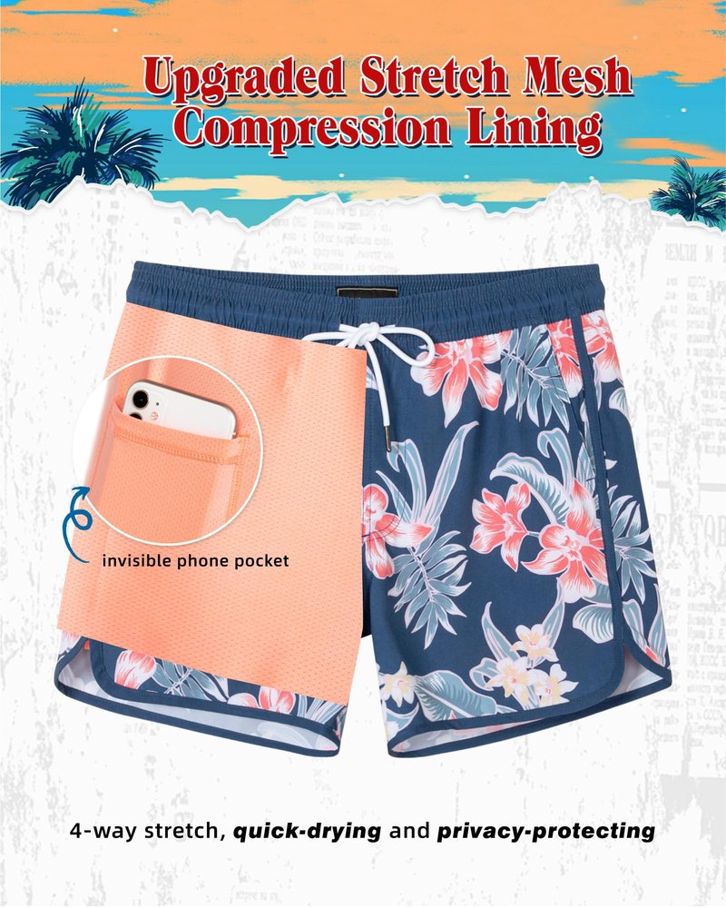 SURF CUZ Mens Swim Trunks with Compression Liner 5" Swimming Trunks 5 Inch Retro Swim Shorts with Zipper Pockets,Blue Retro,M