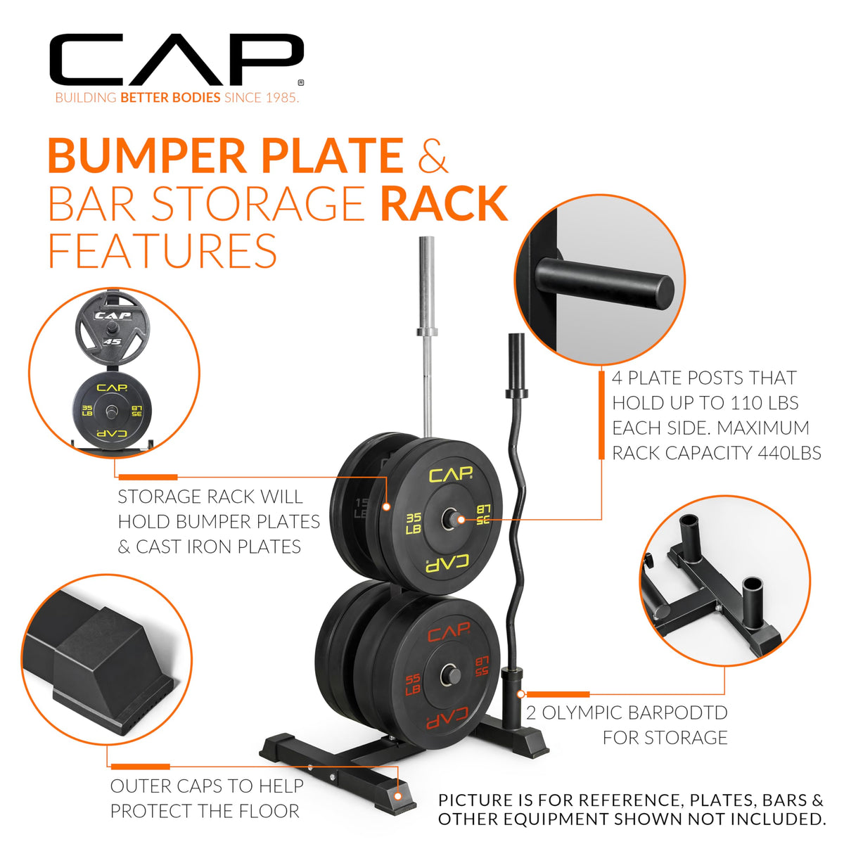CAP 160 lb Pro Olympic Bumper Plate Set with Compact Storage Rack, 2-Inch Olympic Plates, Low Bounce Virgin Rubber Weight Plates with Chromed Steel Hub, 4 Weight Posts & 2 Barbell Holders for Weightlifting, Strength Training & Home Gym Workouts