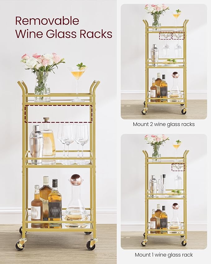 VASAGLE Bar Cart, Home Bar Serving Cart, Small Bar Serving Cart with 3-Tier Shelf, Wine Holders, Glass Holders, Mini Bar Cart for Small Spaces, Kitchen, Dining Room, Living Room, Pale Gold