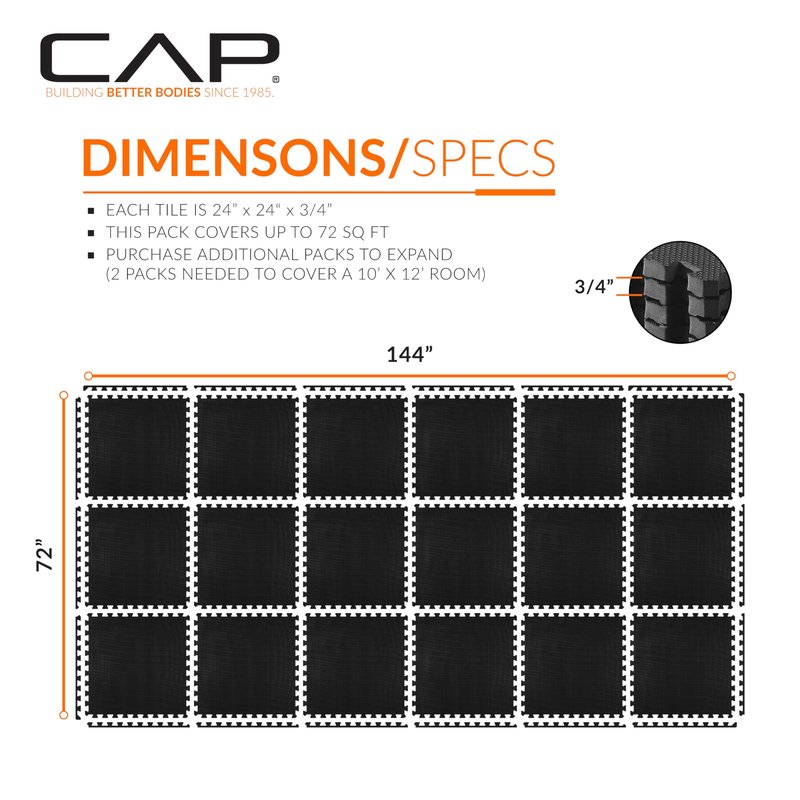 CAP Barbell 3/4-Inch Interlocking EVA Foam Exercise Puzzle Mat Home Gym Flooring - 3 Pack | 24" x 24" x 3/4" | T Pattern - Black