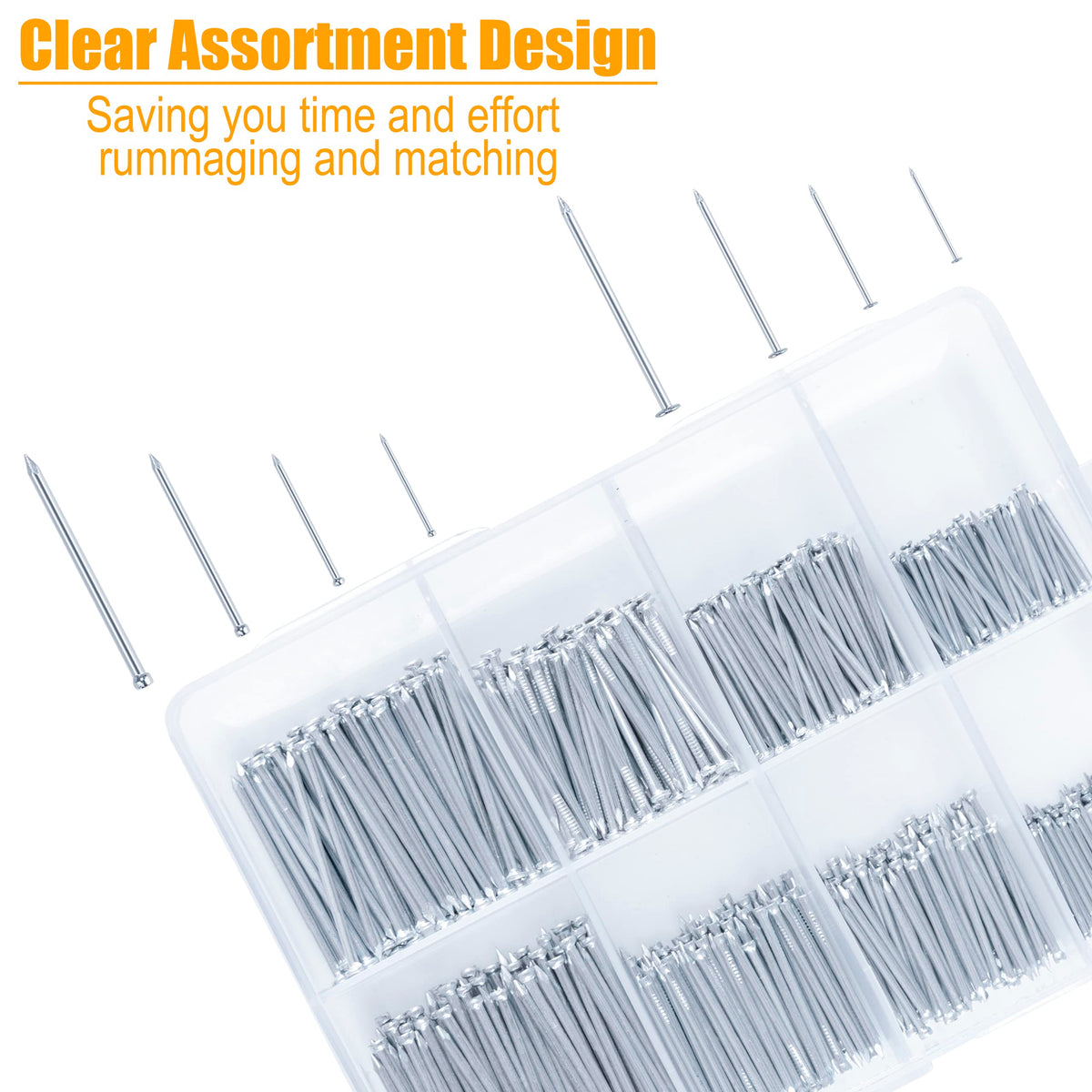 KURUI 700PCs Nails Assortment Kit & 8oz Hammer, Small Hammer for Hanging Wall Art Decor, Picture Frame, 350 Roofing/Wall Nails & 350 Finishing Nail