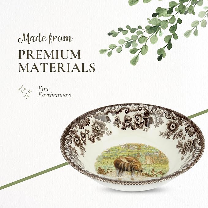 Spode Woodland Majestic Moose Ascot Cereal Bowl - 8 Inch Fine Earthenware Dish, Dishwasher & Microwave Safe, Winter Lodge & Holiday Dining Bowl - Made in England, Warm Oven to 225°