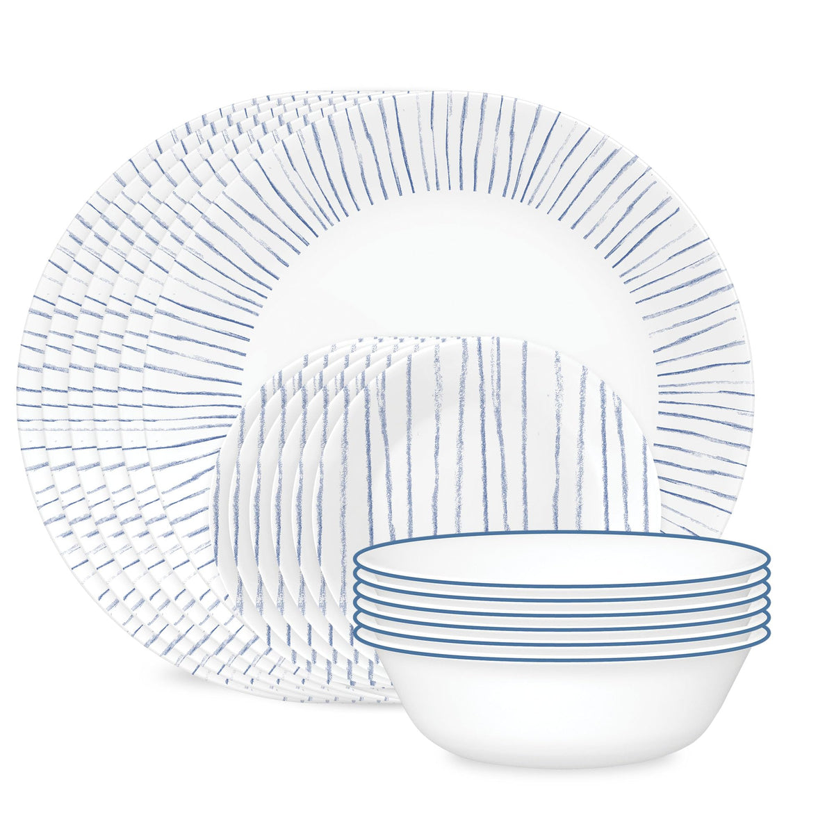 Corelle Vitrelle 18-Piece Service for 6 Dinnerware Set, Triple Layer Glass and Chip Resistant, Lightweight Round Plates and Bowls Set, Portofino