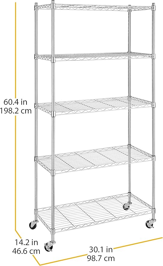 Whitmor 5 Tier Shelving Unit, Adjustable Storage Shelves with Wheels, 400 lbs Capacity per Shelf, Max 2000 lbs Total for Pantry, Kitchen, Garage, 30" L x 14" W x 60" H, Chrome