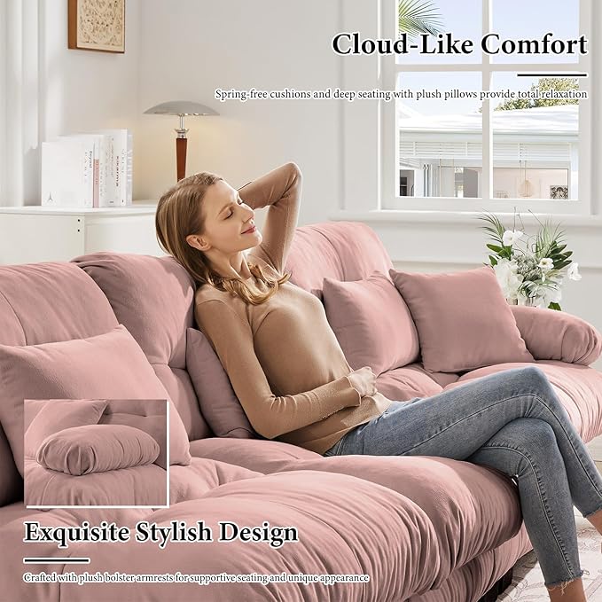 133.8" Oversized Couch, 3 Seater Modular Sectional Sofa, Pink Large Fluffy Chenille Cloud Couch with 5 Pillows, Deep Seat Sofas for Living Room