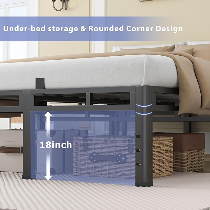 NKZ 22 Inch Twin Size Bed Frame, Metal Bed Frame & Box Spring 2 in 1 Platform with Round Corner Legs, 4000Lbs Heavy Duty Metal Frame, Mattress Slide Stopper, Headboard Hole, Noise-Free, Easy Assembly