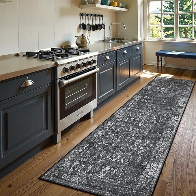 Lahome Black Washable Runners for Hallways,Boho 2'6"x10' Kitchen Runner Rugs Non Skid Washable Indoor Bathroom Runner Rug,Distressed Carpet Runners for Bedroom Entryway Foyer(2'6"x10', Black/Grey)