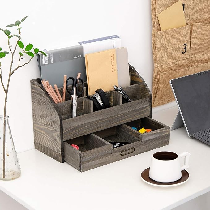 Distressed Rustic Wooden Office Desk Organizer 5 Compartment with 2 Drawer &Counter Desk Tabletop Desktop Mail Rack, Pens, Notebooks, Folders, Pencils and Office Supplies (Rock Grey)