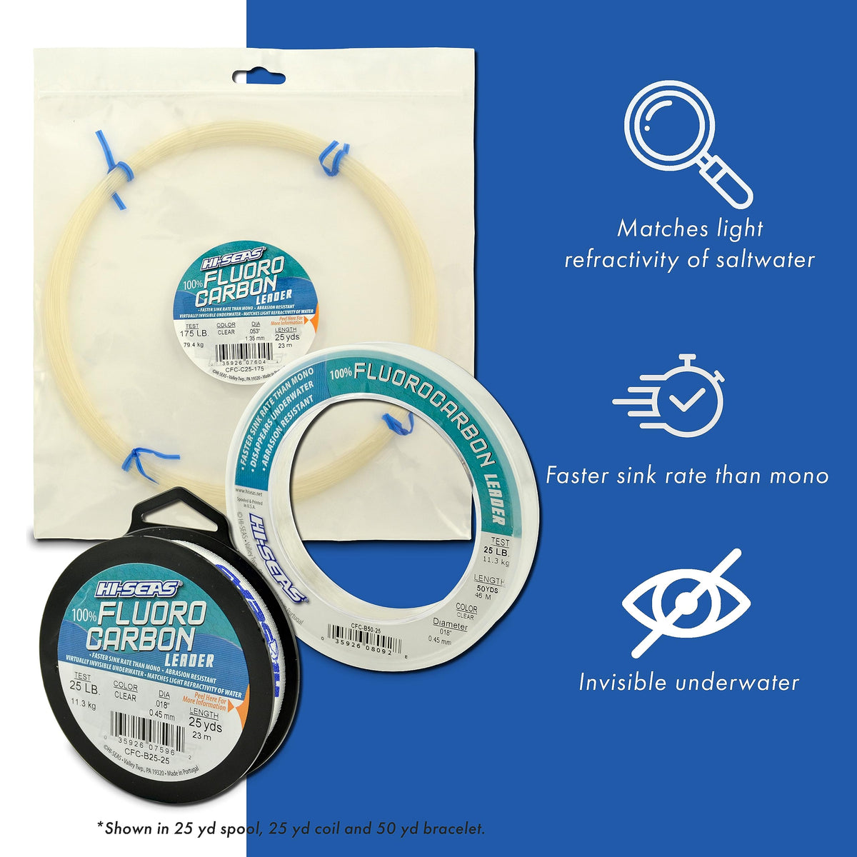 HI-SEAS 100% Fluorocarbon Fishing Leader, 30 lb, Clear, 50 yd